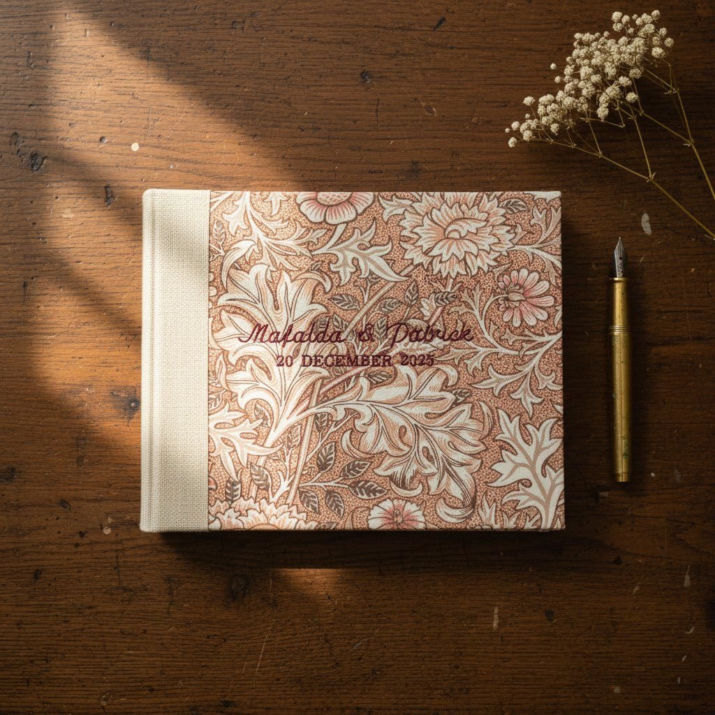 Libro de firmas de boda forrado en tela con los nombres bordados, sobre una mesa de madera